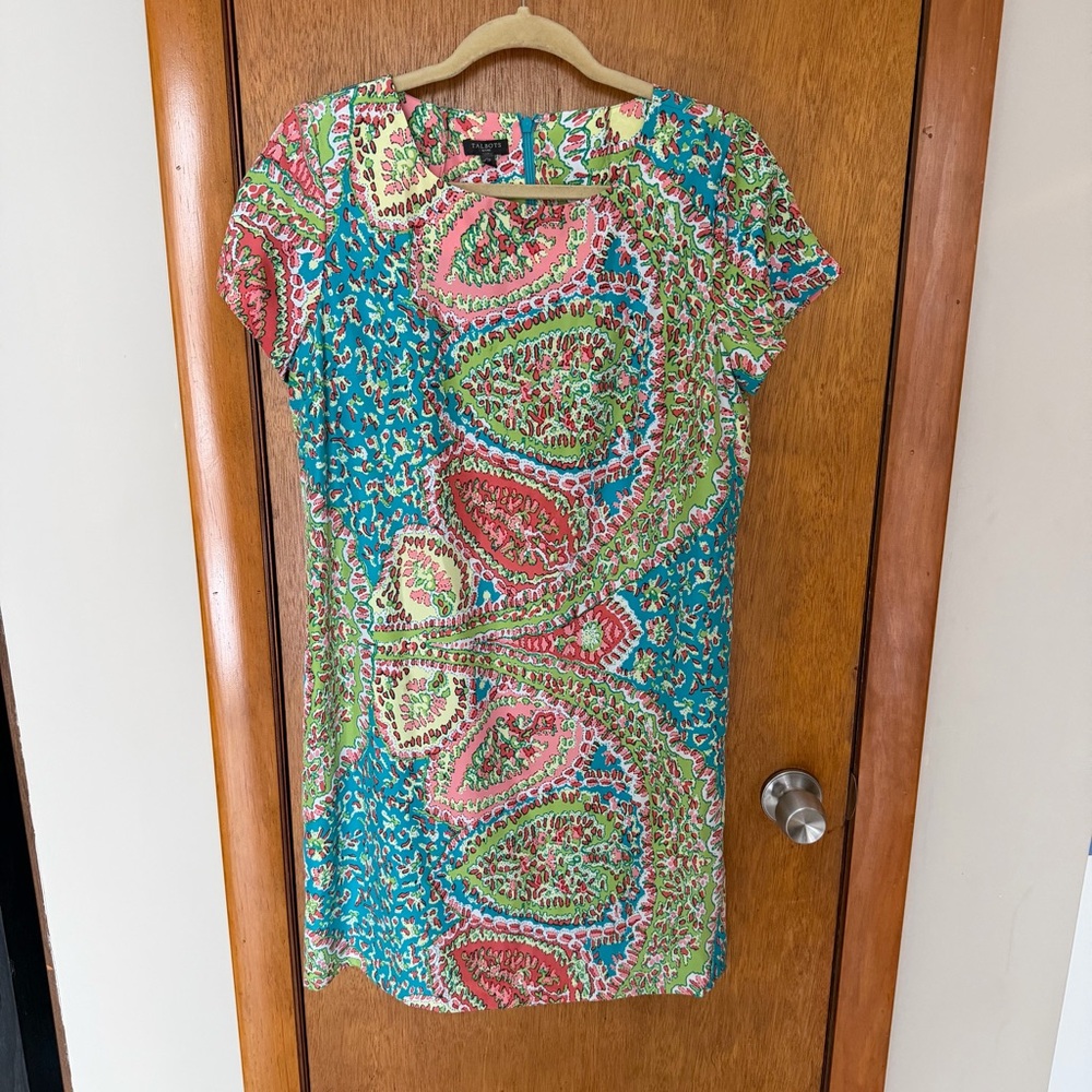 Petite Silk Dress 12P Talbots Blue Green Midi Cruise Travel Church - Picture 3 of 6
